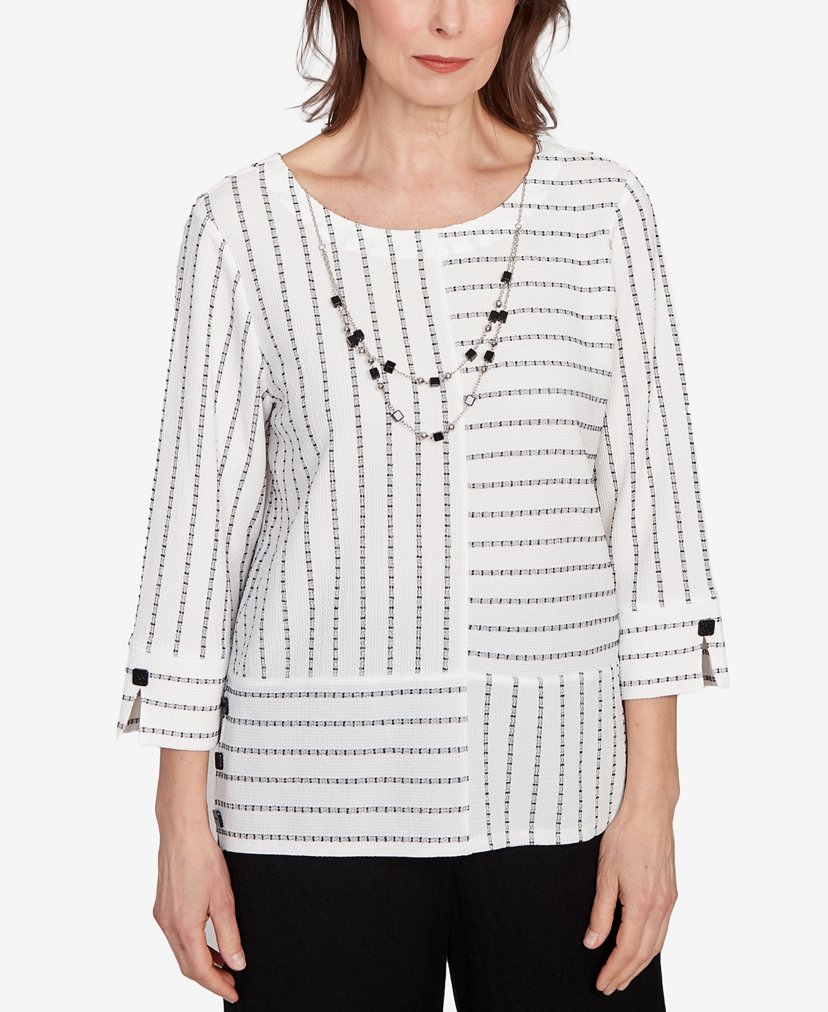 Women's Santa Barbara Splice Textured Stripe Top with Necklace - Black, White
