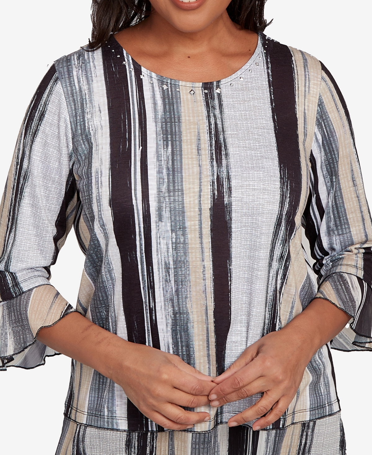 Alfred Dunner Petite Santa Barbara Etched Stripe Bell Sleeve Crew Neck Top In Multi