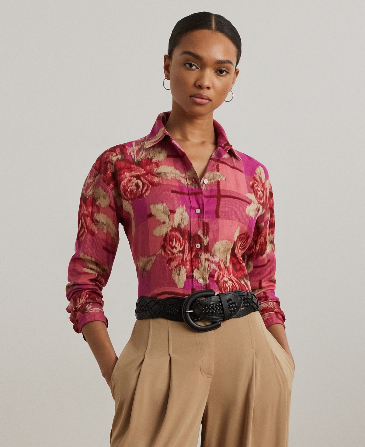 Petite Relaxed-Fit Floral Linen Shirt - Red/Pink/Multi