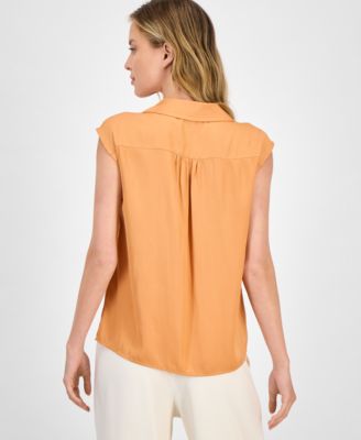 Women's Solid Collared Cap-Sleeve V-Neck Blouse