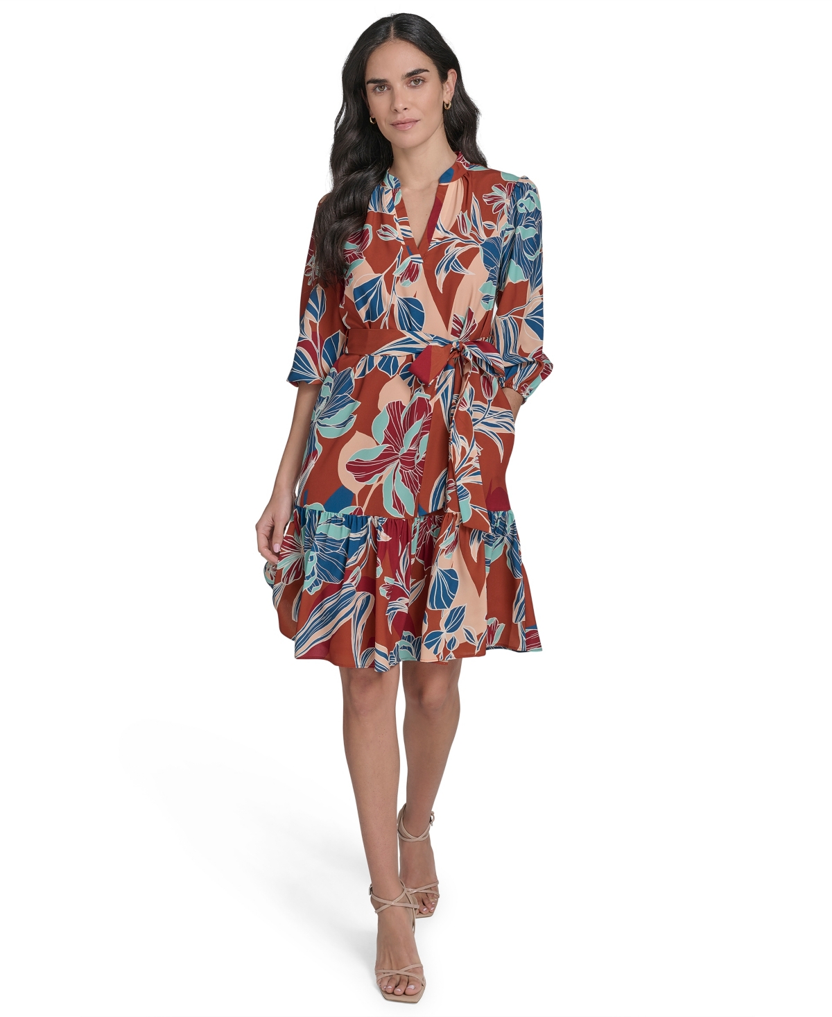 Women's 3/4-Sleeve A-Line Dress - Brown Multi
