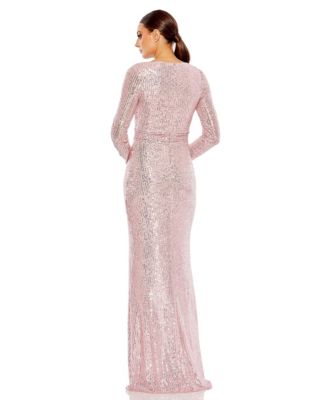 Women's Floor-Length Sequin Gown Featuring Long Sleeves and Sheer Accents