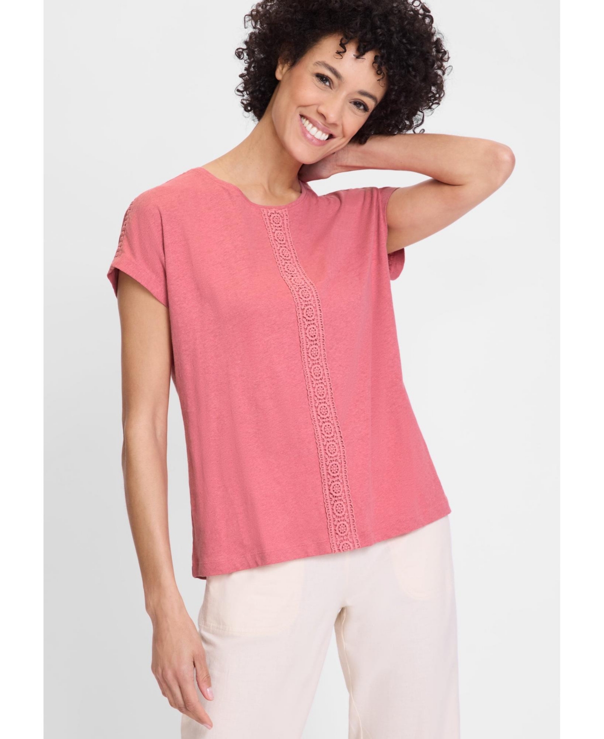 Embroidered Trim Cotton Linen Tee - Desert rose