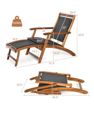 Set of 2 Folding Patio Acacia Wood Deck Chair Rattan Chaise Lounge Chair w/ Footrest