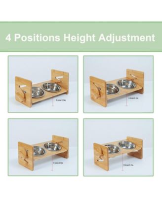   Adjustable Dual Cat Bowl Bamboo Elevated Stand Steel Pet Feeder Bowls