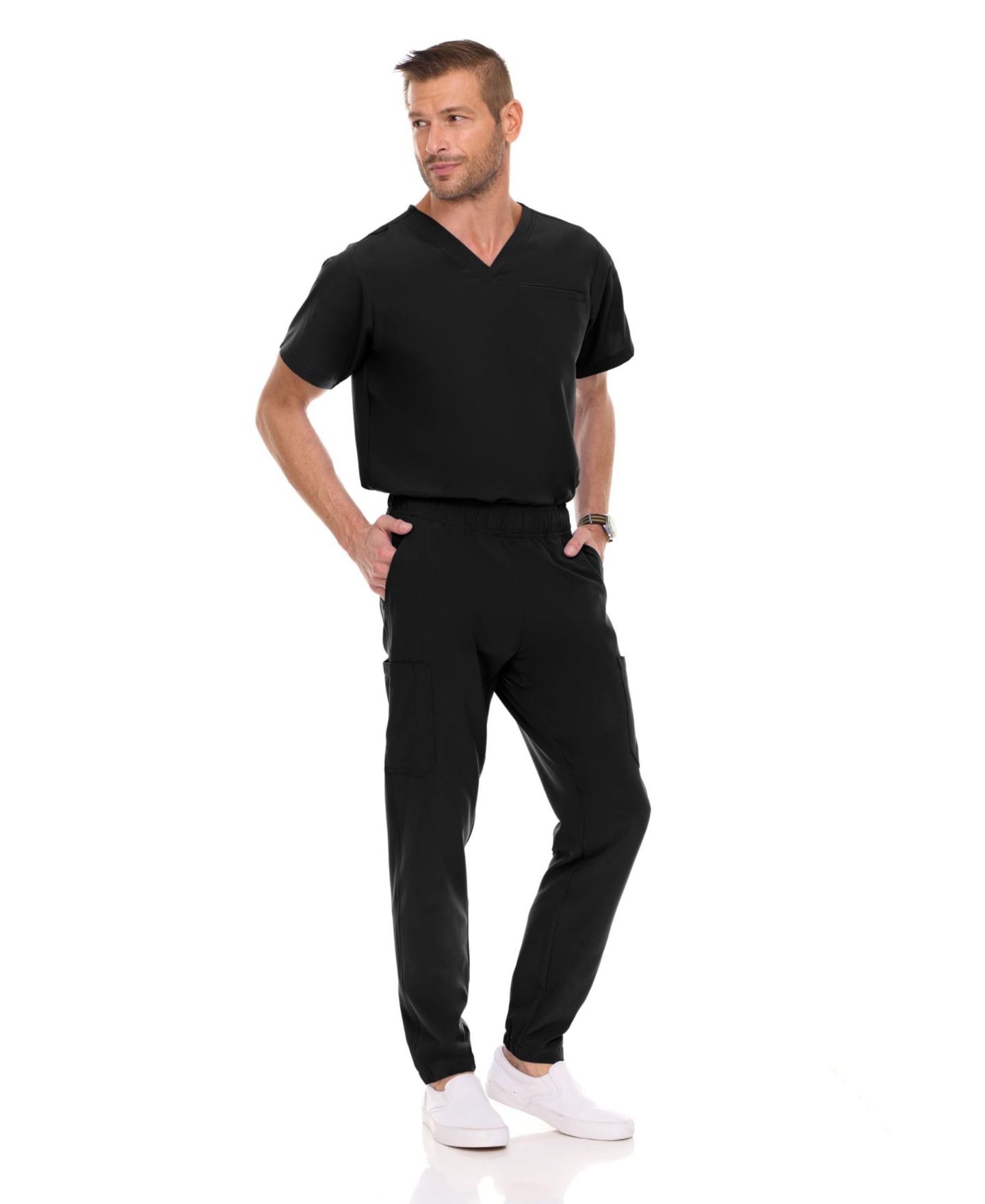 Мужские топы Medichic Men Scrubs Set - Stretch V-Neck Scrub Top with 7-Pocket Pants Workwear Wine Large, цвет: Чёрный — фото 8