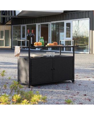 Rattan Bar Cart with Glass Top & Wheels, Black