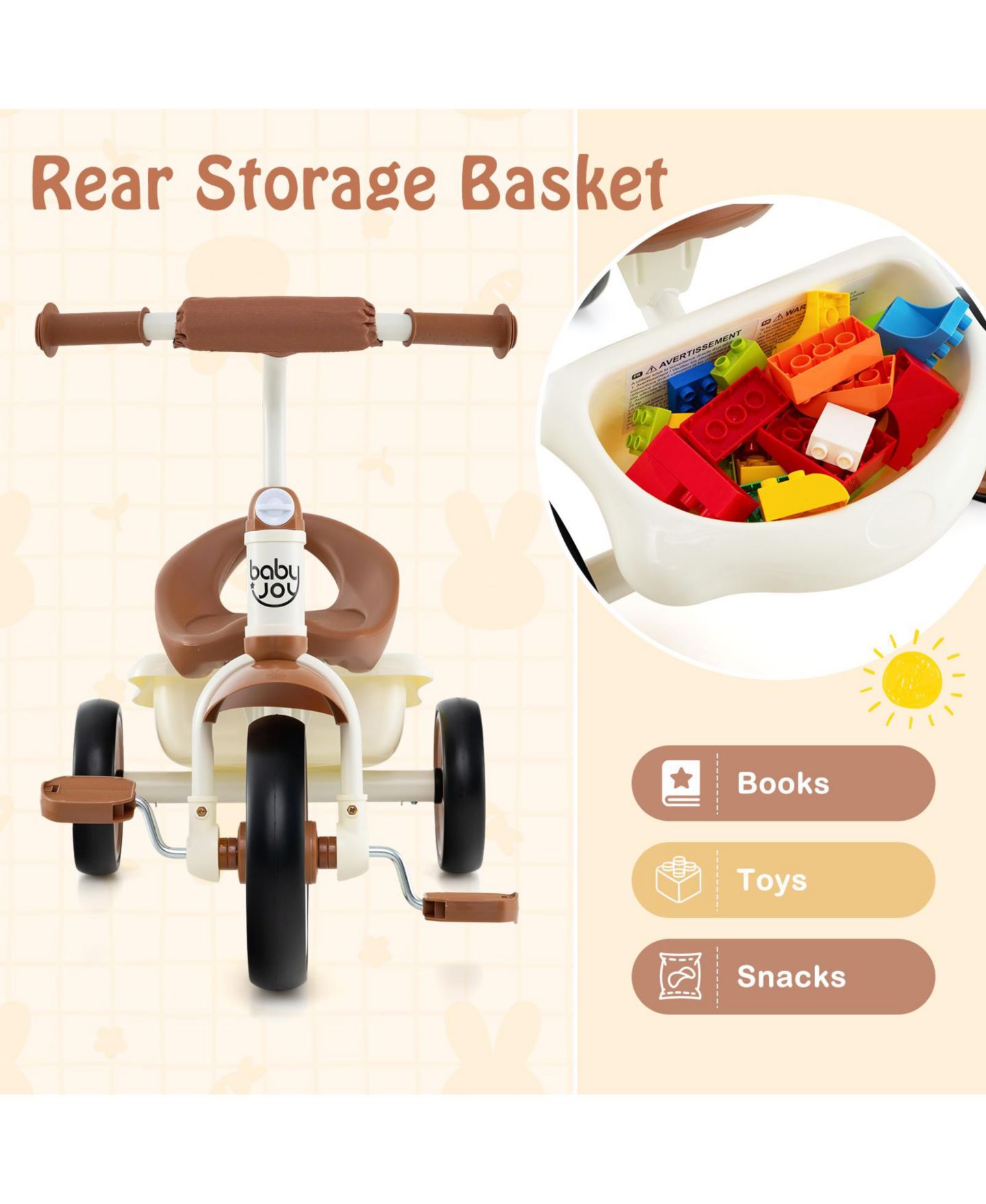 Детская игрушка Slickblue Toddler Tricycle with Adjustable Seat and Storage Basket, Ages 3-5, цвет: Бежевый — фото 8