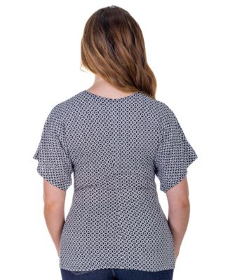 Petite V-Neck Geometric Print Front Kimono Sleeve Top