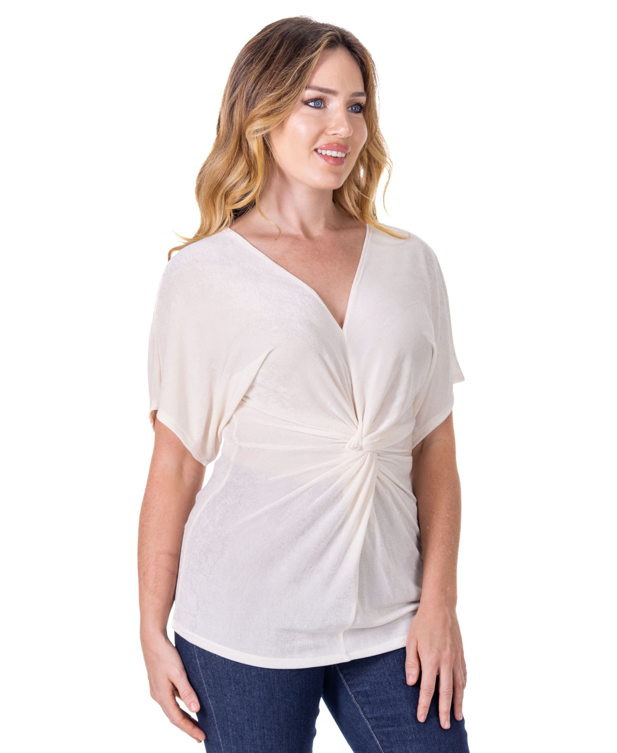 Shop 24seven Comfort Apparel Petite V-neck Knot Front Kimono Sleeve Top