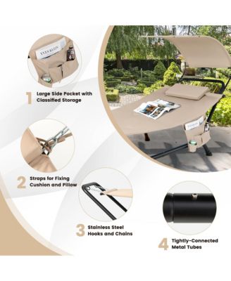 Chaise Lounge Bed with Detachable Sunshade Canopy Hammock and Rustproof Metal Stand