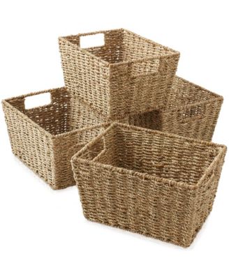 Set of 4 Water Hyacinth Storage Baskets with Handles - Espresso, 12&amp;#x22; x 9&amp;#x22; x 6&amp;#x22; Rectangular Storage Bins for Organizing Shelves, Blankets, Laundry