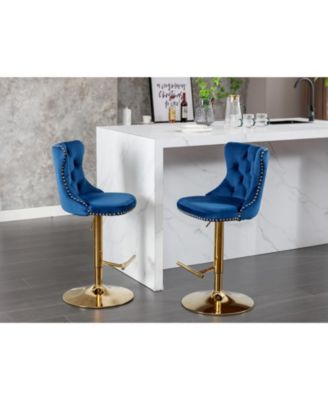 Modern Blue Velvet Bar Stools, Set of 2