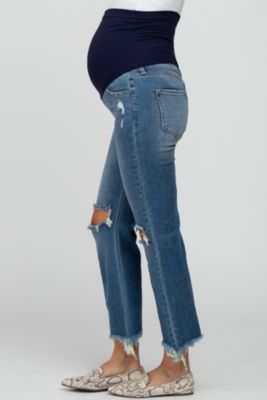 Maternity Blue Frayed Wide Leg Cropped Jeans