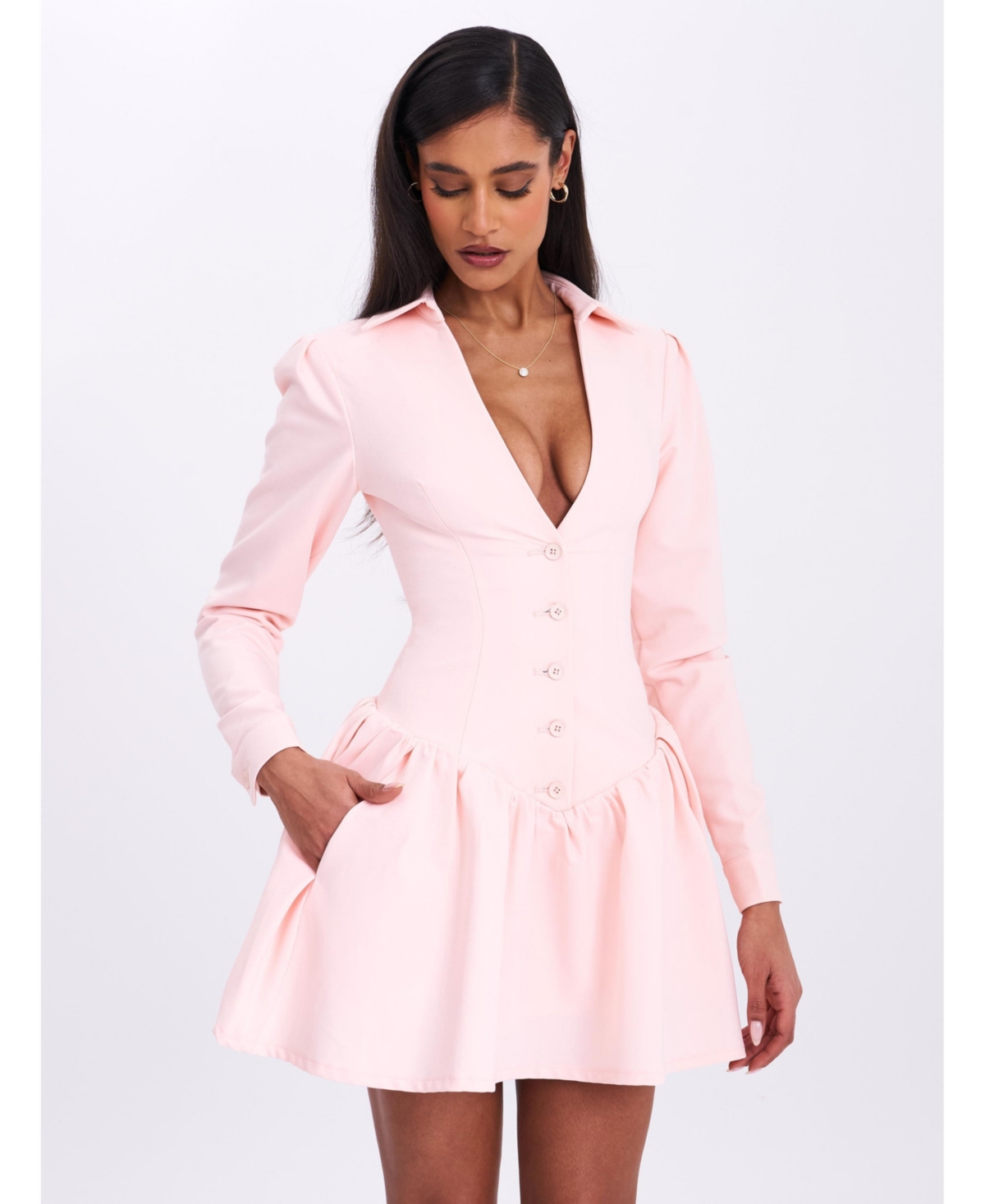 Women's Xabrina Macaron Pink Long Sleeve Shirt Mini Dress - Pink