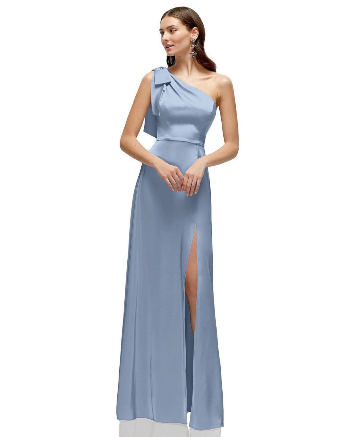 Women's Bow One-Shoulder Fluid Satin Maxi Dress with Full Skirt - Cloudy