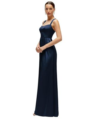 Women's Shaped Strap Portrait Neckline Fluid Satin Maxi Dress with Full Skirt