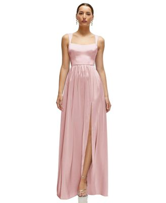 Women's Shaped Strap Portrait Neckline Fluid Satin Maxi Dress with Full Skirt