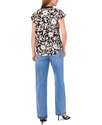 Women's Floral-Print Split-Neck Cap-Sleeve Top