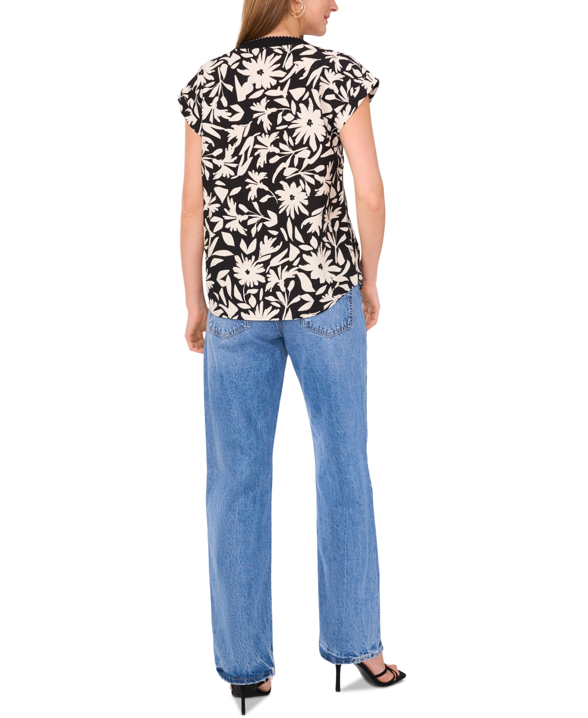 Vince Camuto Women's Floral-print Split-neck Cap-sleeve Top