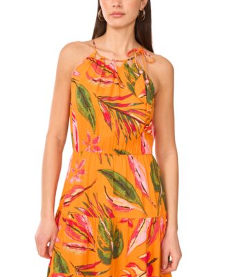 Women's Tiered High-Neck Leaf-Print Maxi Dress