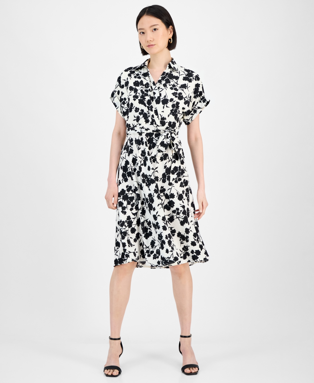 Women's Printed Faux-Wrap Midi Dress - Ivory/black