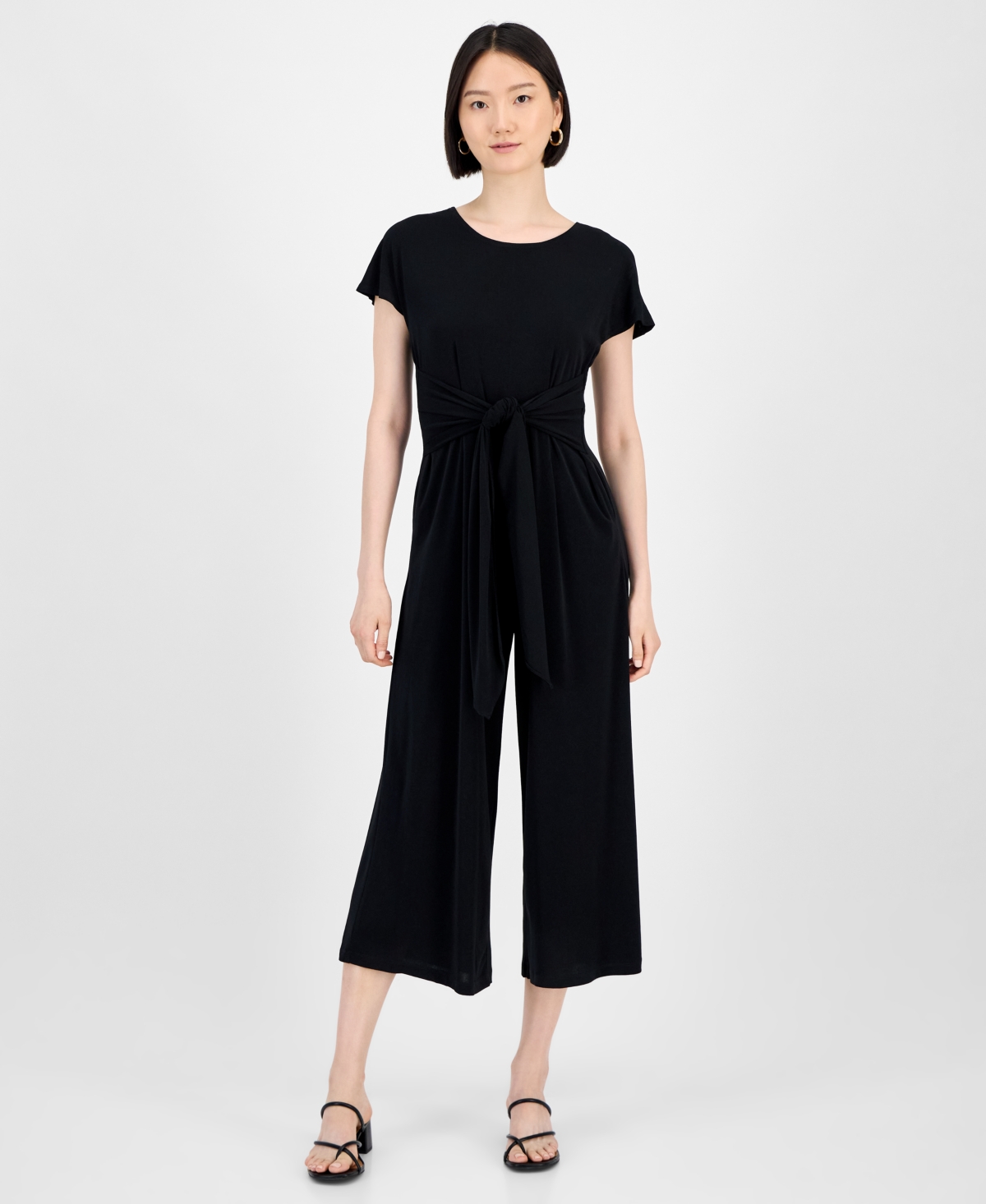 Women's Round-Neck Tie-Waist Jumpsuit - Black