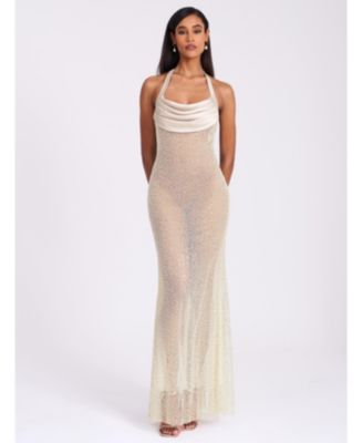 Women's Zahya Lime Halter Backless Beaded Mesh Gown