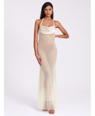 Women's Zahya Lime Halter Backless Beaded Mesh Gown