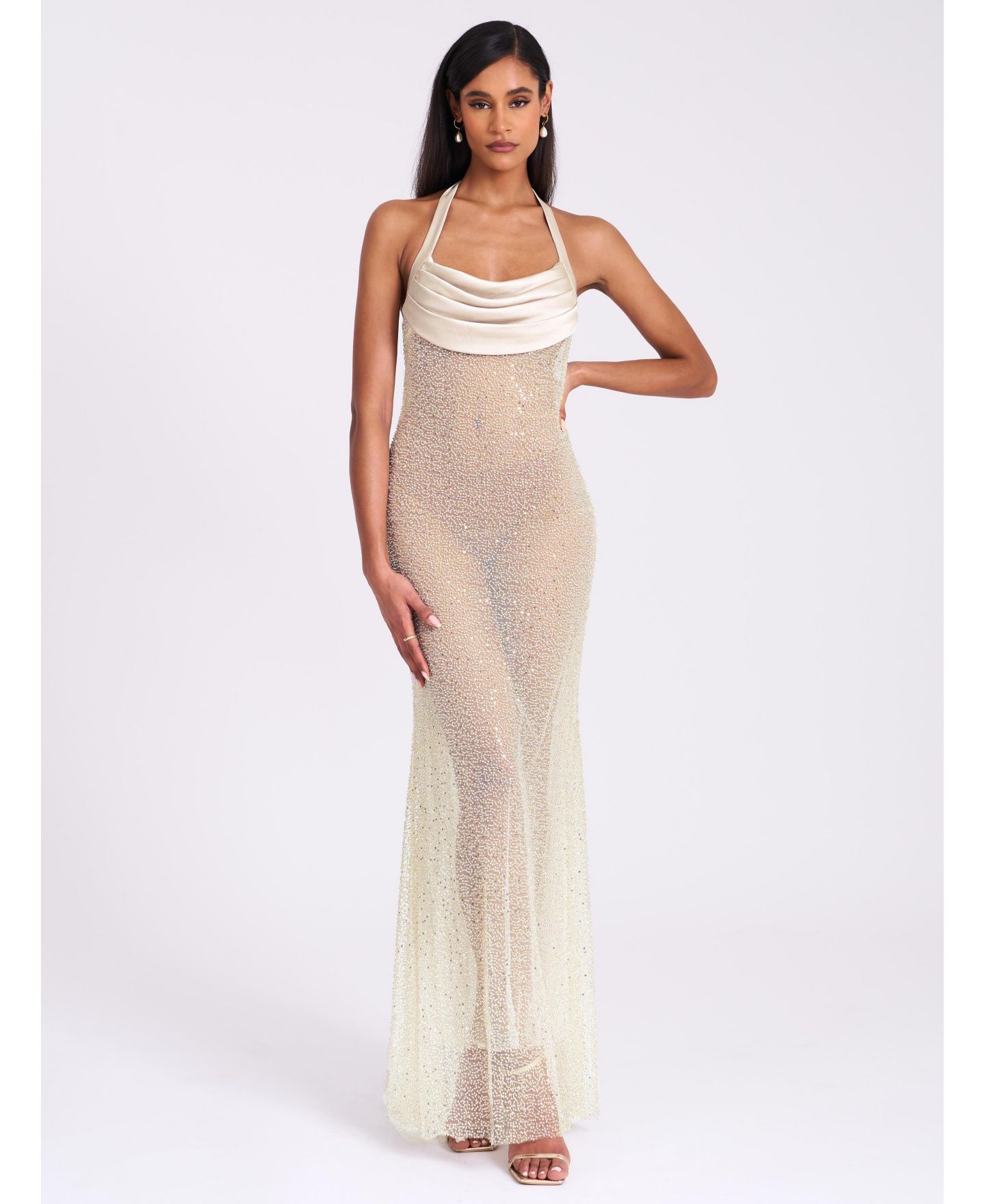 Женское платье Miss Circle Zahya Lime Halter Backless Beaded Mesh Gown, цвет: Лаймовый / Пастельный зелёный — фото 8