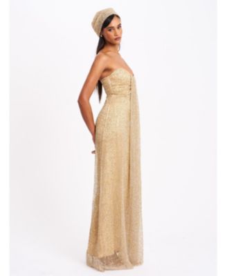 Women's Ada Gold Rhinestone Embellished Strapless Gown with Head Scarf