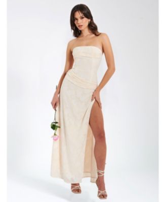 Women's Xatia Off White Jacquard Textured High Slit Maxi Dress