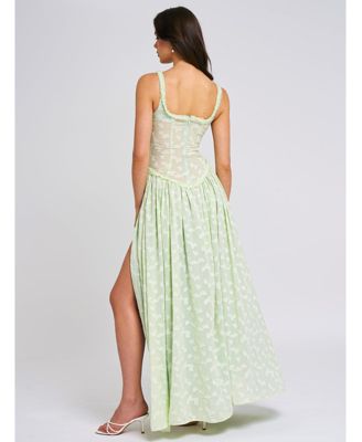 Women's Ulissa Light Green Square Neck Jacquard Textured High Slit Maxi Dress