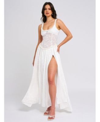 Women's Ulissa White Square Neck Jacquard Textured High Slit Maxi Dress