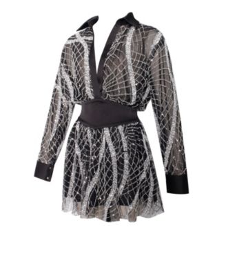 Women's Rachelle Black Embroidered Mesh Mini Shirt Dress