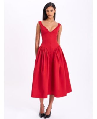 Women's Nahla Red Drop Waist Midi Dress with Buttons