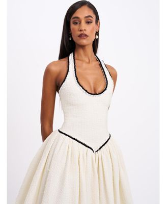 Women's Natalie U Neck Halter Drop Waist Tweed Midi Dress