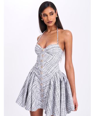 Women's Melody Black and White Plaid Tweed Halter Drop Waist Mini Dress