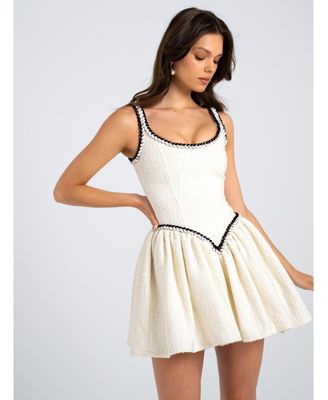 Women's Coco White Boucle Tweed V Waist Mini Dress