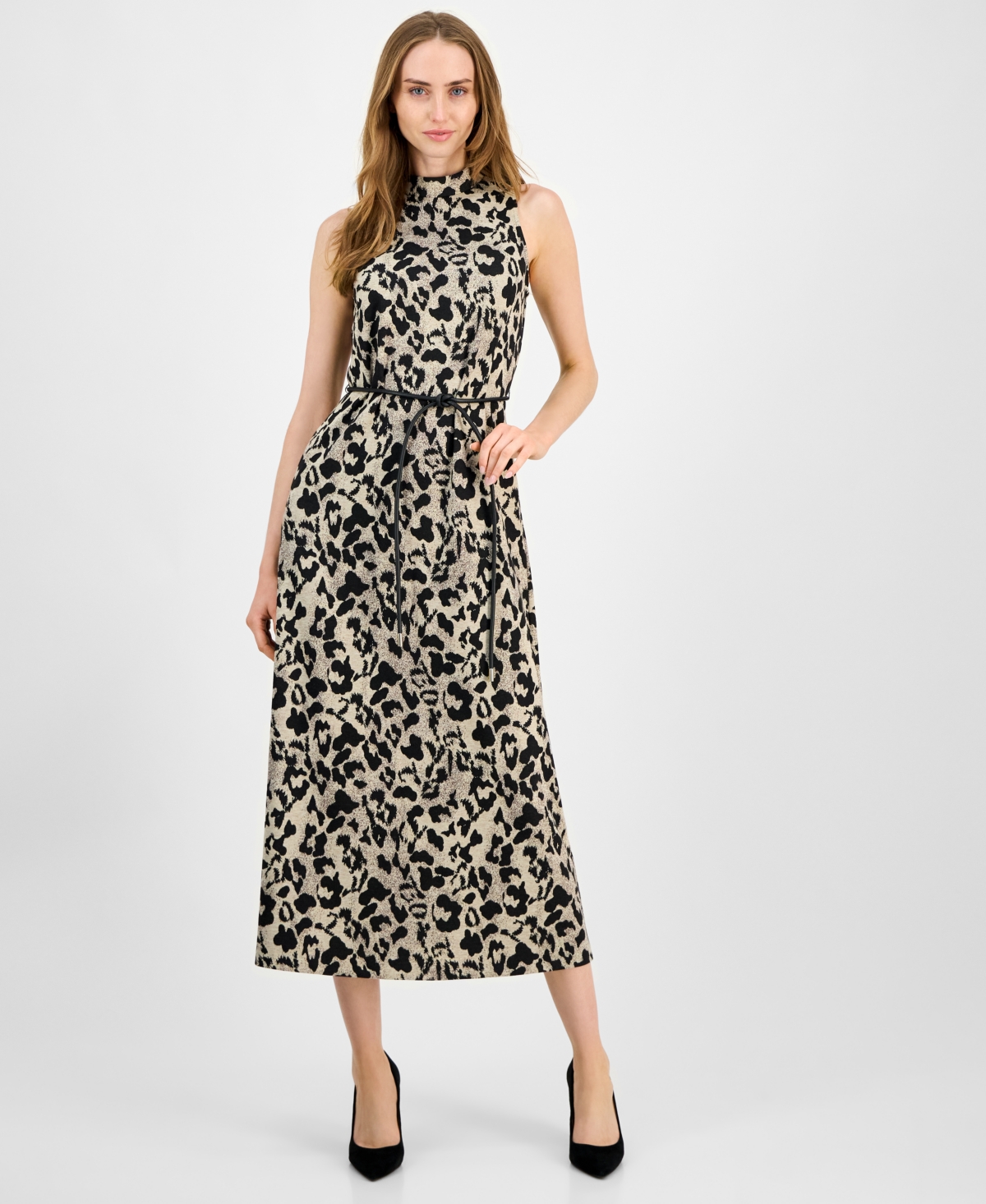 Anne Klein Leopard Print Mock Neck Dress In Gray