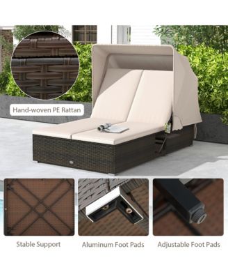 2-person Rattan Lounge Bed w/ Retractable Canopy 5-position Adjustable Backrest
