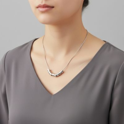 White Gold Plated Cylindrical Bead Necklace