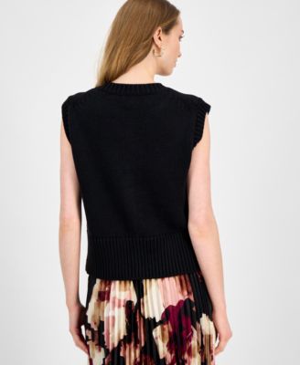 Petite Button-Front Ribbed-Hem Stitch Sweater