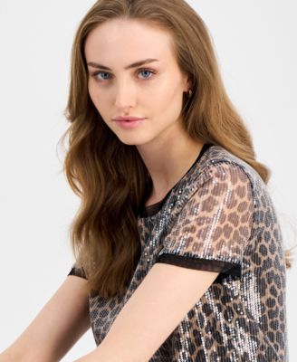 Petite Sequin Printed Short-Sleeve Mesh Top