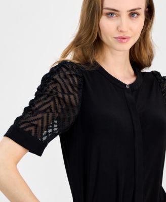 Petite Mixed-Media Elbow-Sleeve Hidden-Placket Top