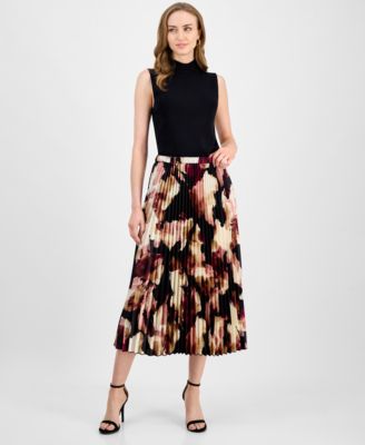 Anne Klein - Women's Printed Pleated Pull-On Midi Skirt