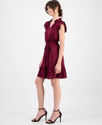 Women's Solid Tie-Waist Flutter-Sleeve Tiered Dress