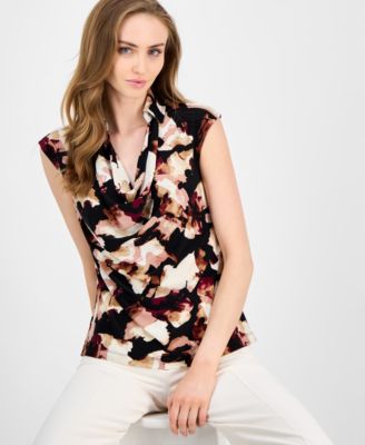 Petite Printed Extended-Shoulder Cowlneck Blouse