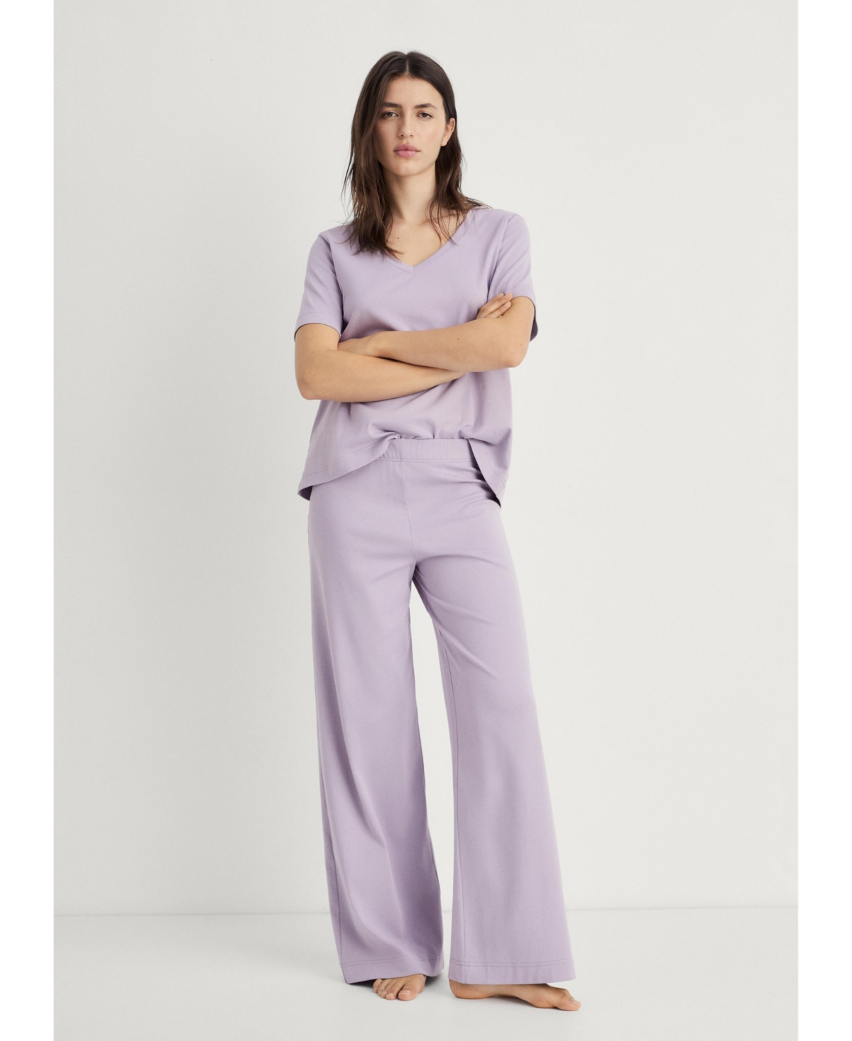 Mango Cotton Wide Leg Pajama Pants In Purple