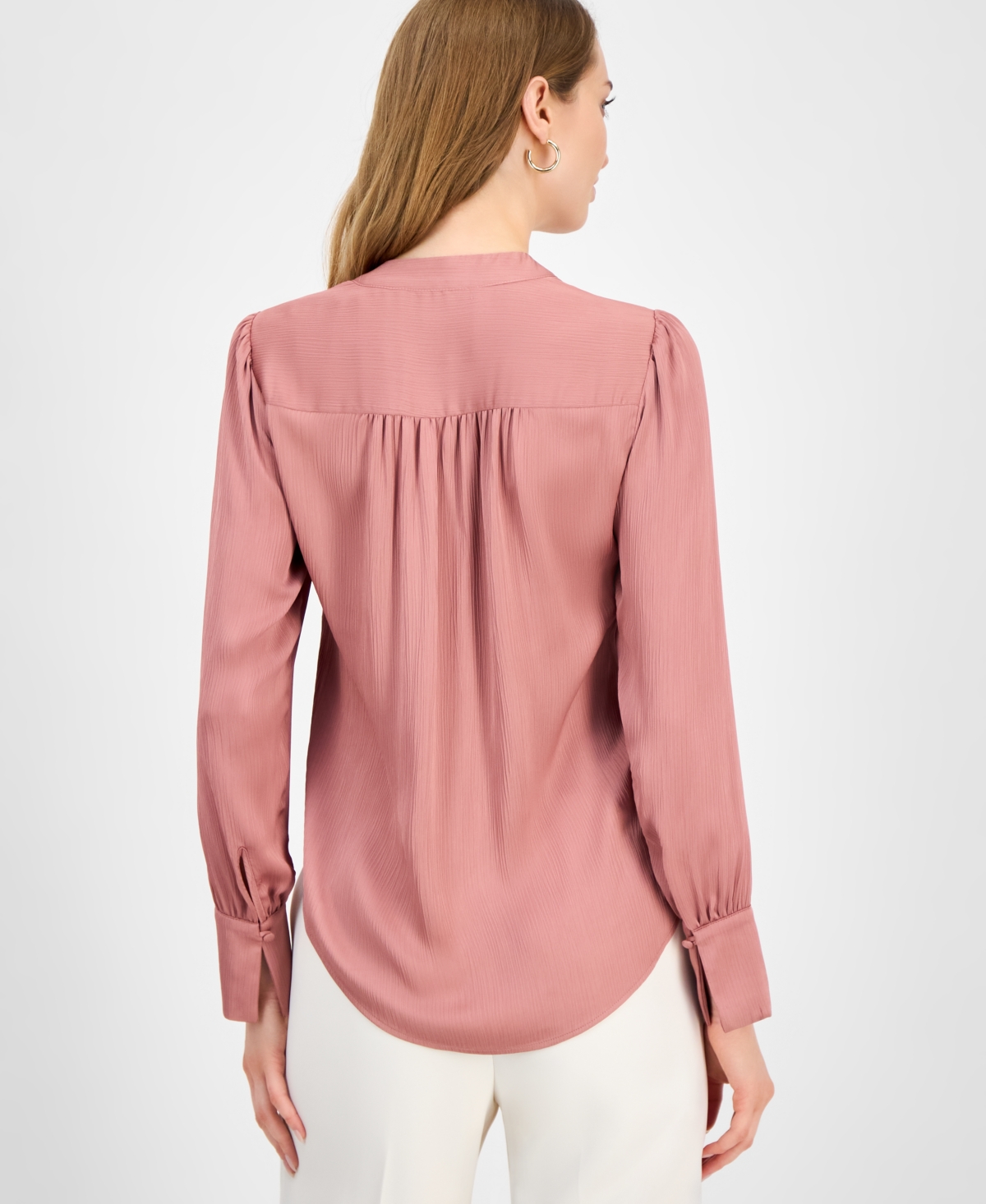 Anne Klein Textured Crepe Long Sleeve Top In Pink